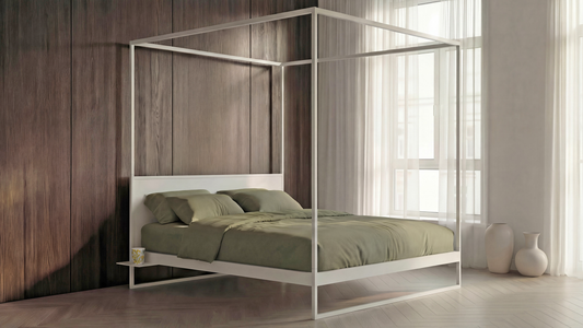 Wit hemelbed met stalen frame voor slaapkamer |Modern metal canopy bed frame in white steel for minimalist bedroom| Modernes Metallbett Himmelbett Weiss mit stabilem Stahlrahmen | Estructura de cama con dosel en metal blanco estilo moderno