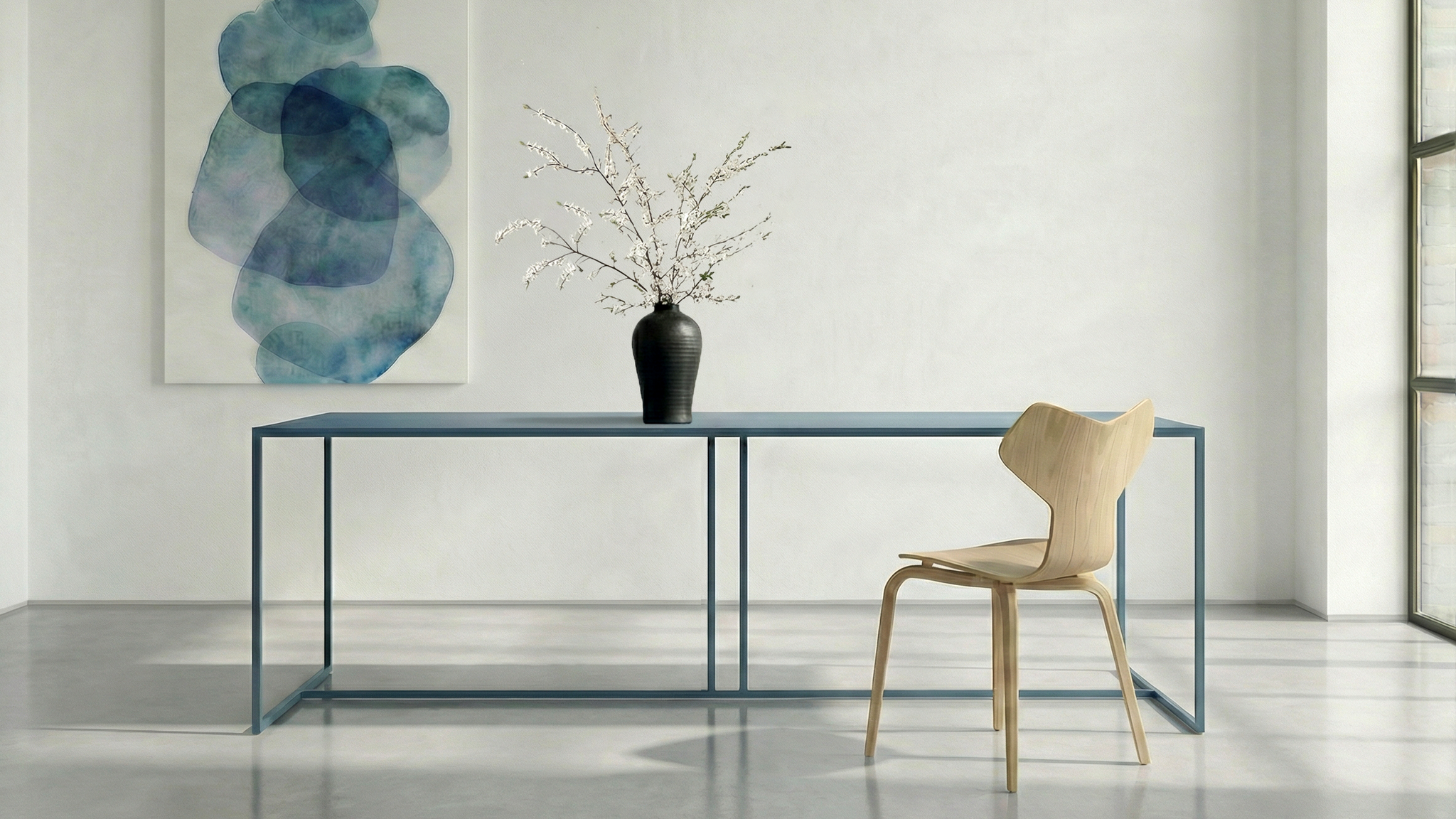 Moderne blauwe metalen eettafel met slank gepoedercoat stalen frame, minimalistisch design voor eigentijds interieur, duurzame metalen constructie met strakke lijnen.| Moderner blauer Metall-Esstisch mit schlankem pulverbeschichtetem Stahlrahmen, minimalistisches Design für moderne Innenräume| Modern blue metal dining table with slim powder-coated steel frame, minimalist design dining table for contemporary interiors, durable metal construction with clean architectural lines. | Mesa de comedor minimalista