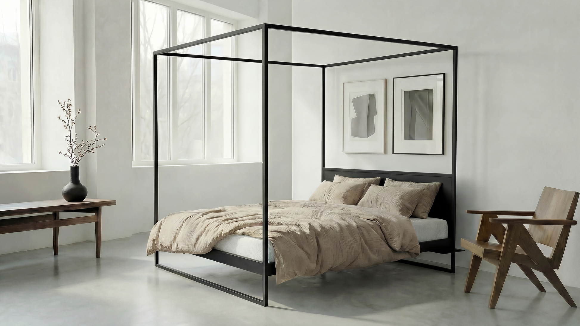 Modern metal canopy bed frame in black steel for minimalist bedroom| Zwart hemelbed  met stalen frame voor slaapkamer | Modernes Metallbett Himmelbett schwarz mit stabilem Stahlrahmen | Estructura de cama con dosel en metal negro estilo moderno