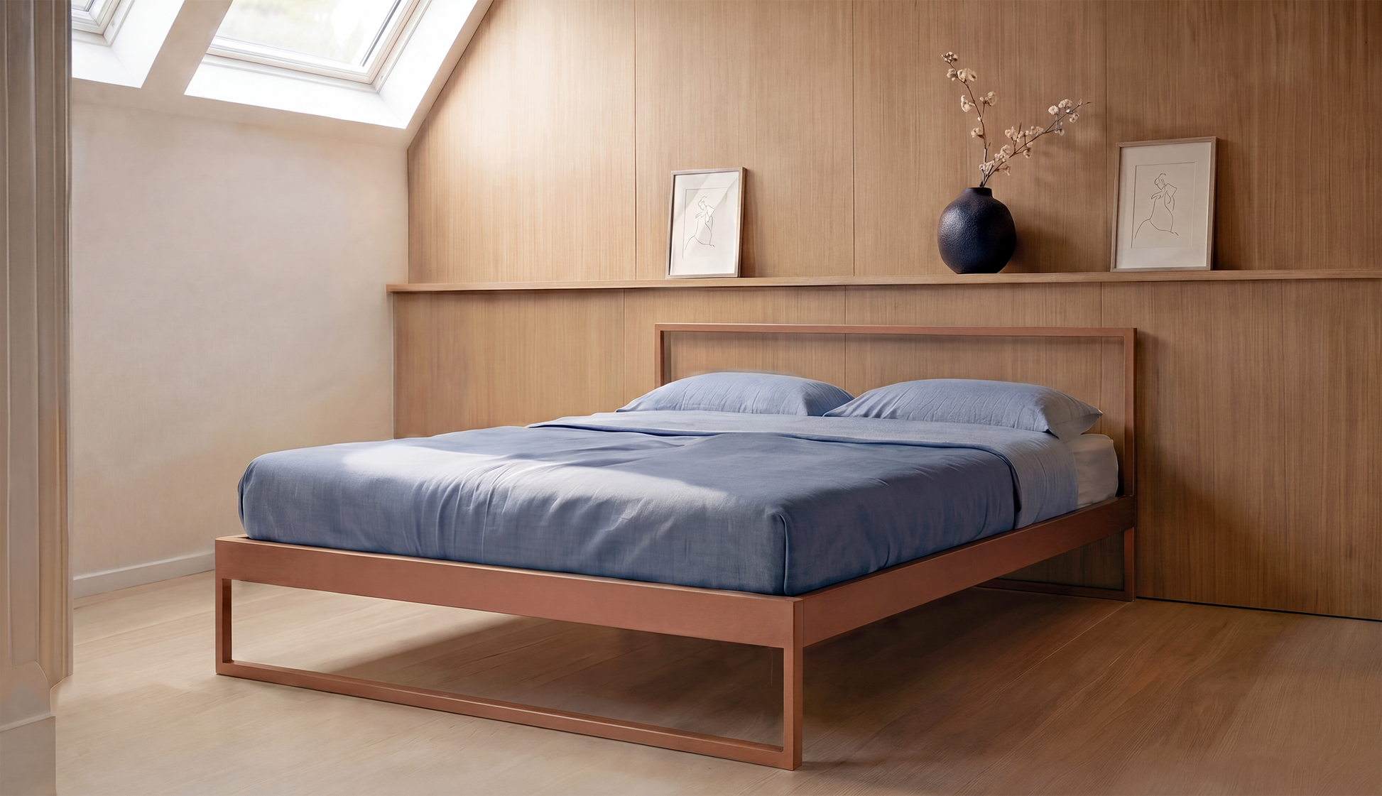 Minimalistisch metalen bedframe in moderne slaapkamer – duurzaam metalen bed voor wie een metalen bed wil kopen
|
Minimalist metal bed frame in modern bedroom  – durable minimalist metal bed design
|
Minimalistisches Metallbett in modernem Schlafzimmer  – langlebiges minimalistisches Metallbett
|
Cama de metal minimalista en dormitorio moderno