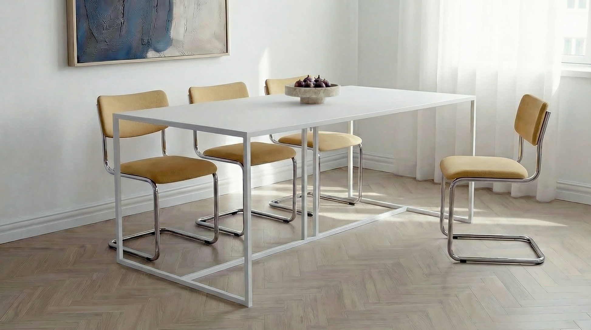 Metalen eettafel voor licht en modern interieur | Sleek white dining table with metal structure for modern apartments and homes | Designer Esstisch aus Metall im modernen Stil | Mesa de diseño minimalista para interiores contemporáneos