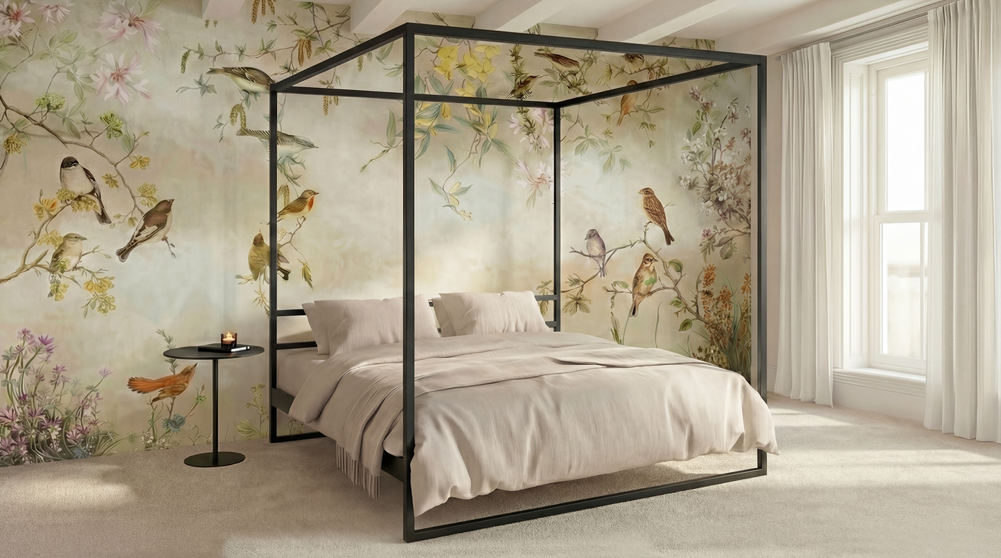 Black metal canopy bed in minimalist design with clean frame and neutral bedding| Zwart hemelbed met minimalistisch design en strak bedframe| Schwarzes Metall Himmelbett im minimalistischen Design mit klaren Linien| Cama con dosel de metal negro de diseño minimalista y líneas limpias