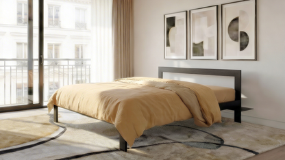Zwart metalen bedframe met minimalistisch design| Schwarzes Metallbett im minimalistischen Design, |Modern black metal bed frame with minimalist design for stylish bedrooms| Cama de metal negra con diseño minimalista, estructura moderna