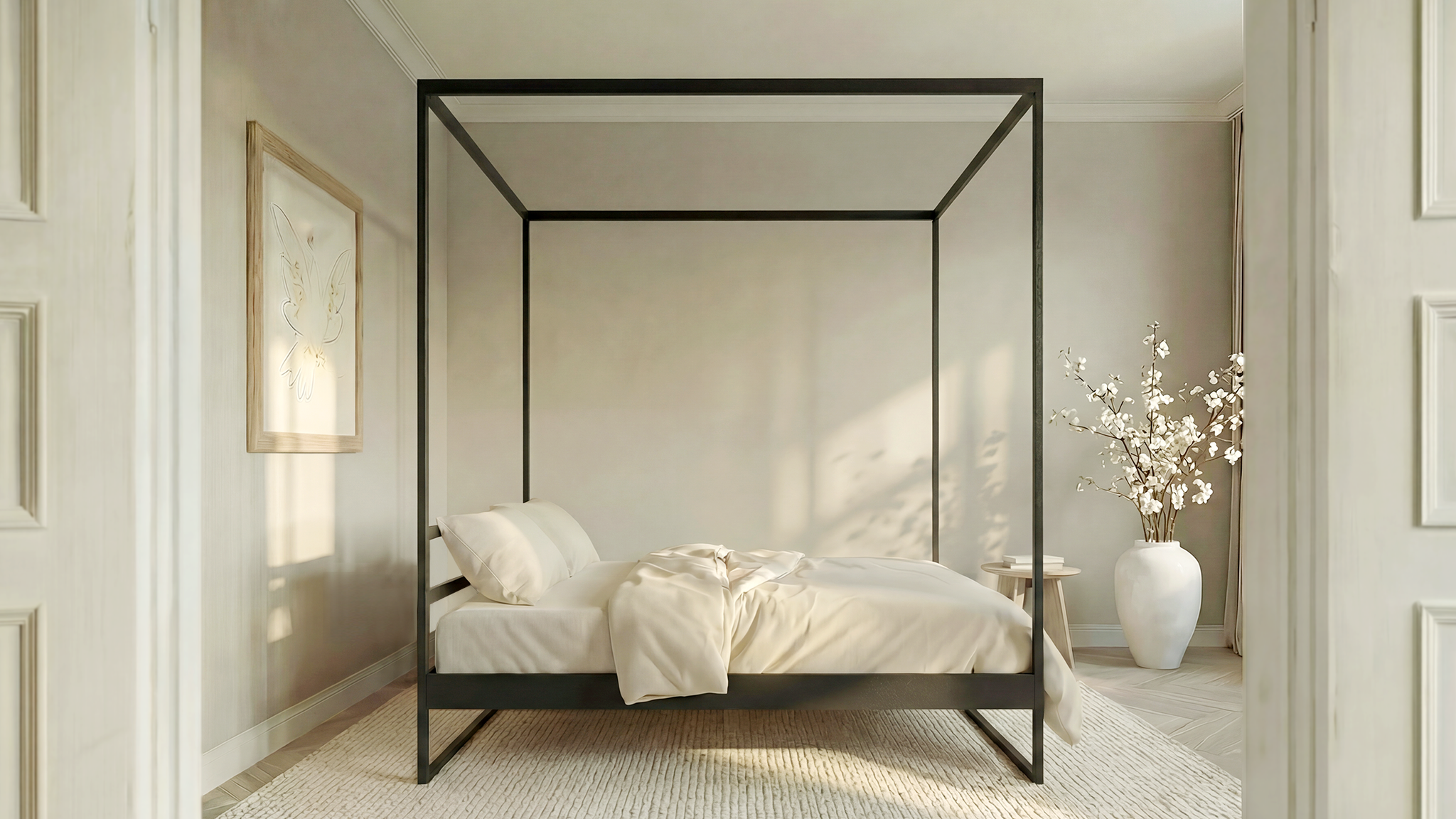 Black metal canopy bed in minimalist design with clean frame and neutral bedding| Zwart hemelbed met minimalistisch design en strak bedframe| Schwarzes Metall Himmelbett im minimalistischen Design mit klaren Linien| Cama con dosel de metal negro de diseño minimalista y líneas limpias