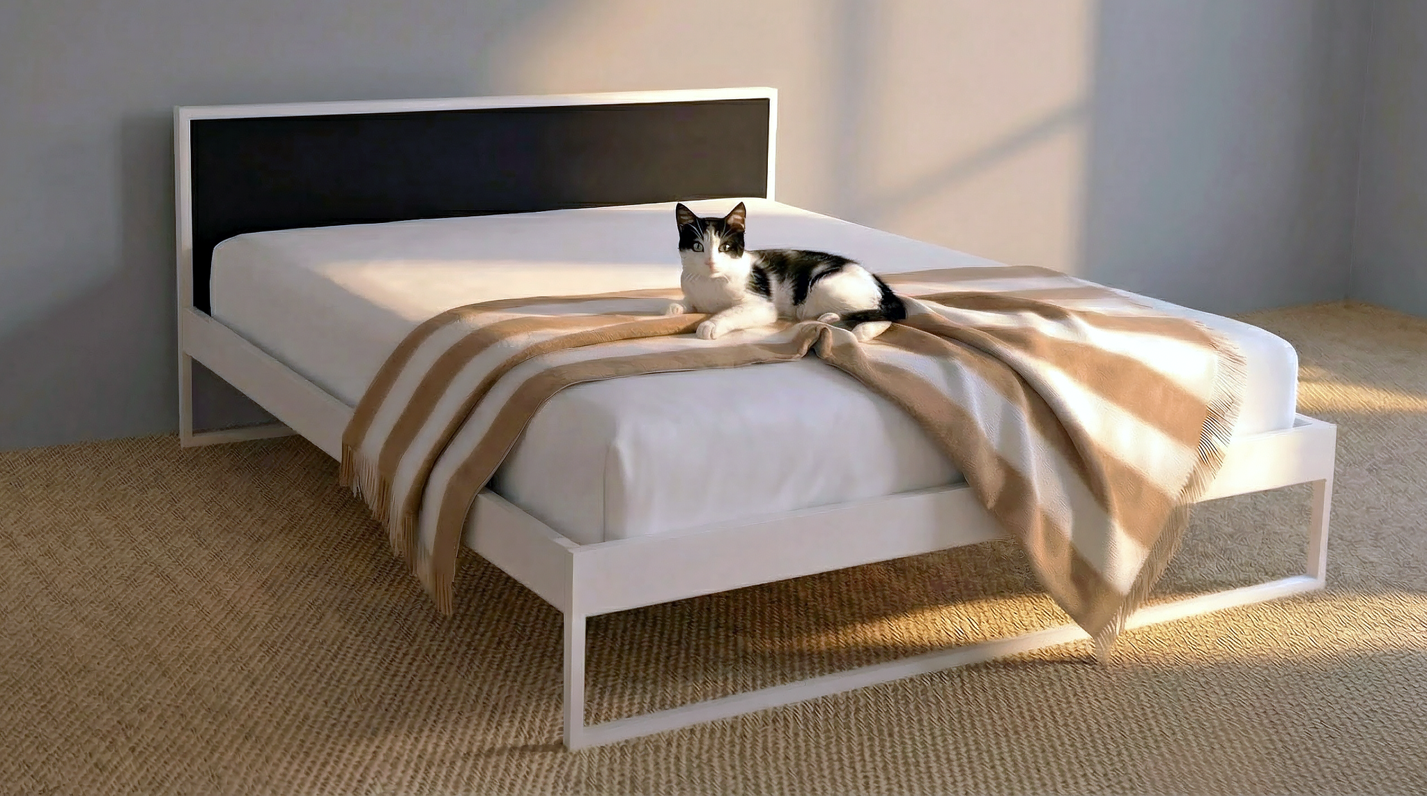 Modern metalen bed met minimalistisch design en strak frame | Minimalist design bed in metal with contemporary headboard | Modernes weißes Metallbett mit geradlinigem Design | Cama de diseño en metal estilo contemporáneo