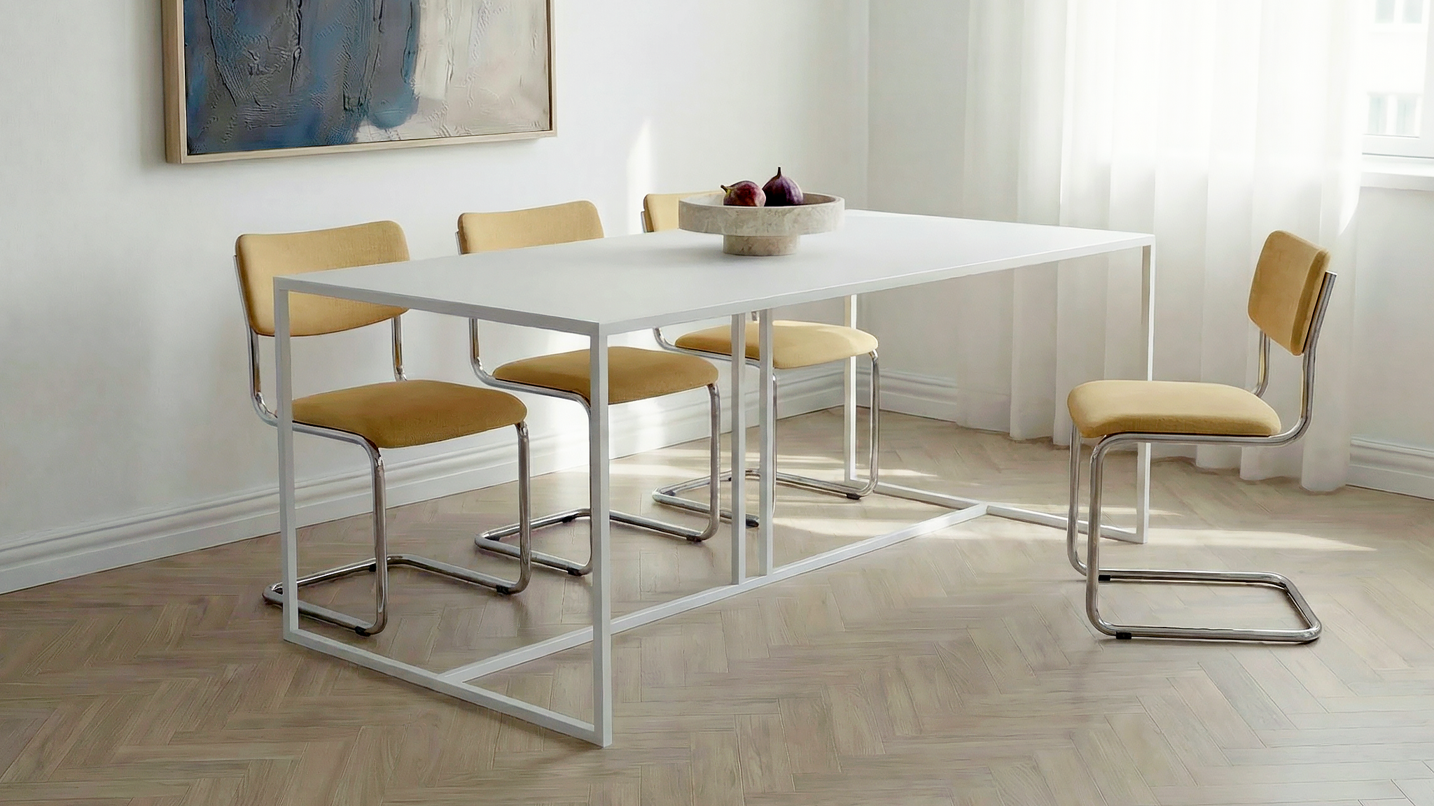 Ruimtebesparende metalen eettafel voor licht en modern interieur | Sleek white dining table with metal structure for modern apartments and homes | Designer Esstisch aus Metall im modernen Stil | Mesa de diseño minimalista para interiores contemporáneos