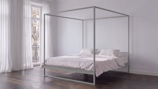 Metalen hemelbed steengrijs met strak en modern design | Minimalist stone grey metal canopy bed, four-poster steel bed frame | Metall Himmelbett in modernem minimalistischen Design | Cama con dosel de metal  para dormitorio minimalista