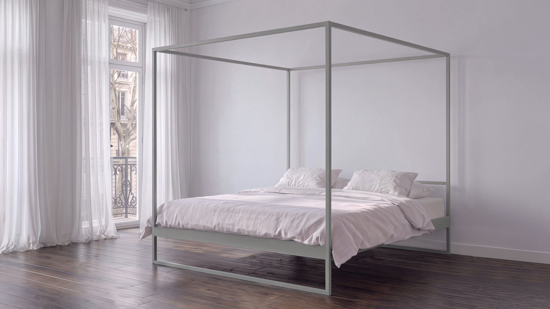Metalen hemelbed steengrijs met strak en modern design | Minimalist stone grey metal canopy bed, four-poster steel bed frame | Metall Himmelbett in modernem minimalistischen Design | Cama con dosel de metal  para dormitorio minimalista
