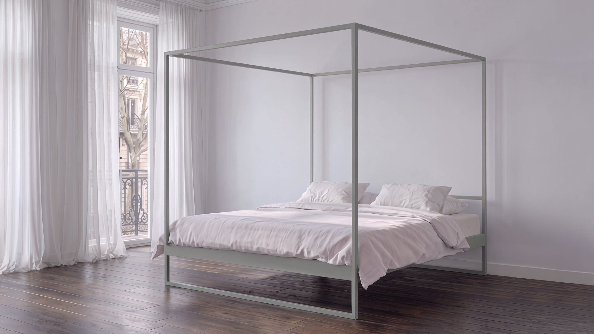 Metalen hemelbed steengrijs met strak en modern design | Minimalist stone grey metal canopy bed, four-poster steel bed frame | Metall Himmelbett in modernem minimalistischen Design | Cama con dosel de metal  para dormitorio minimalista